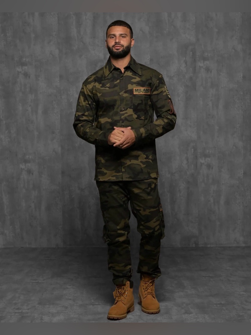 Milano Di Rouge Men's Camo Cargo Set in Olive Camo/Unisex-Shirt-M-Pants 32x30